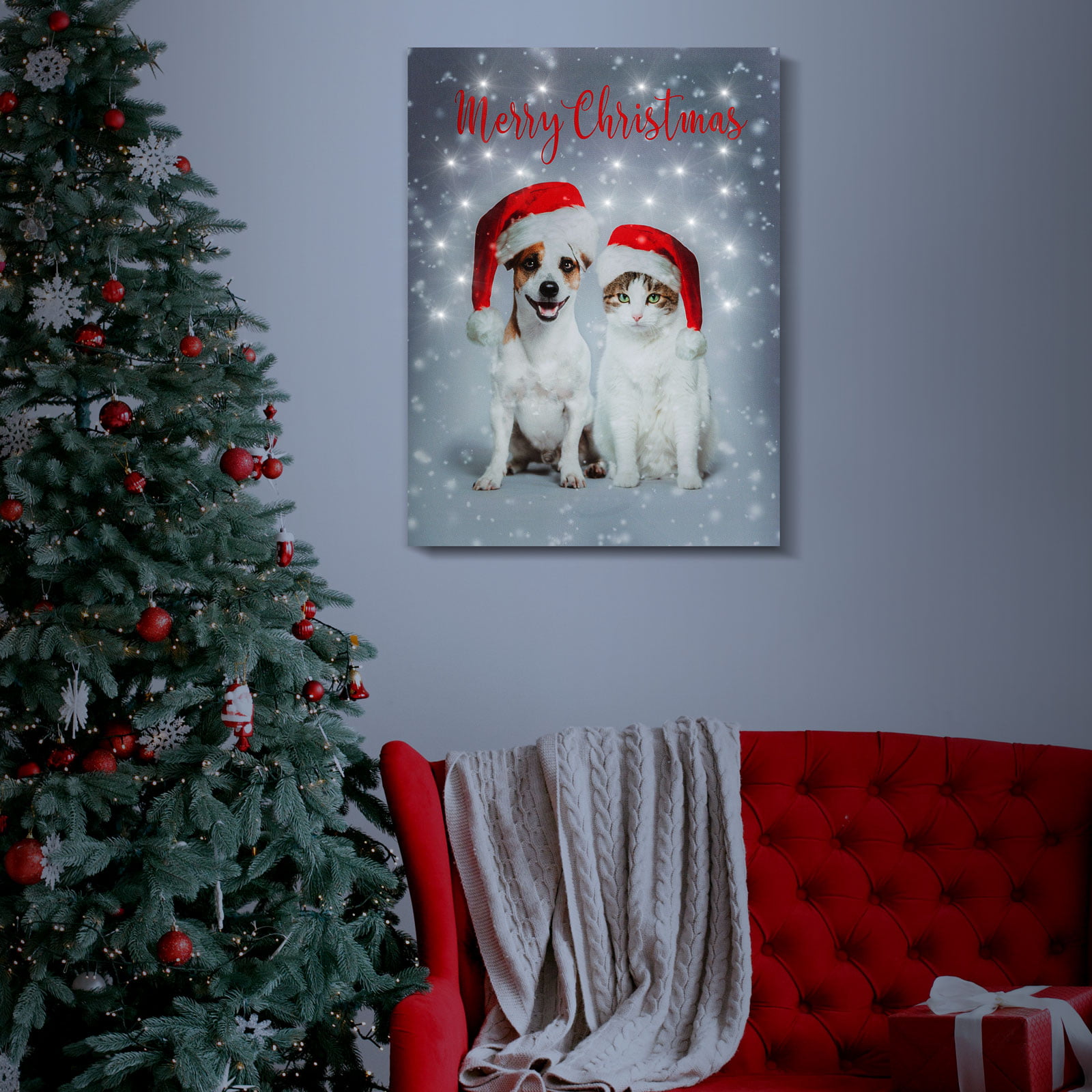 Elemes karácsonyi kutya - cica hangulatkép 40 cm