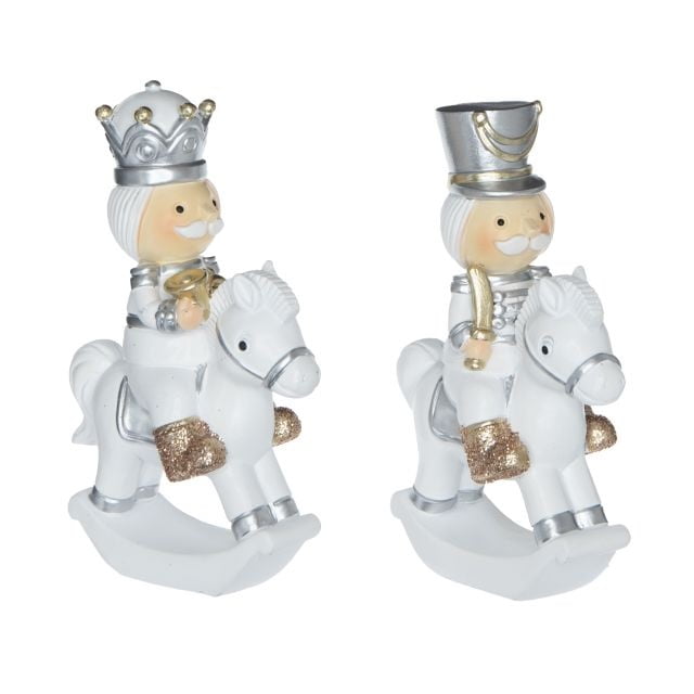 Karácsonyi Diótörő figurák ezüst ruhában Fa lovacskán 11,5 cm 2 féle