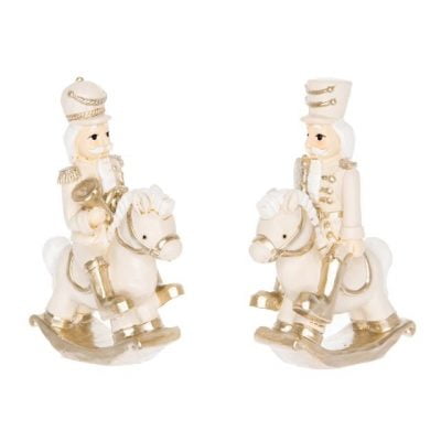 Karácsonyi Diótörő figurák fehér ruhában Fa lovacskán 9,5 cm 2 féle