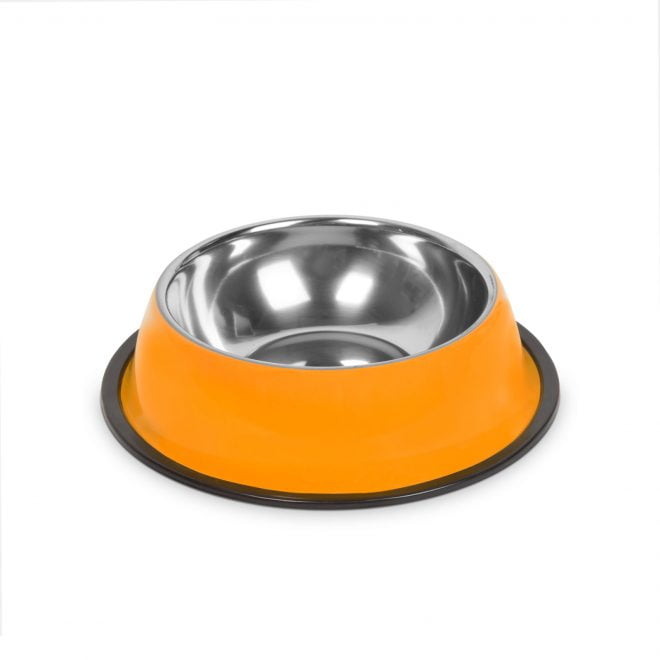 Rozsdamentes acél kutyatál csúszásgátló gumigyűrűvel - narancssárga - 3 méret