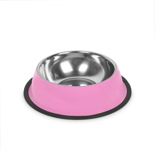 Rozsdamentes acél kutyatál csúszásgátló gumigyűrűvel - rózsaszín - 3 méret